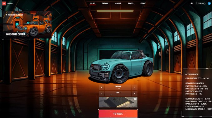 Video game garage interface showing a teal 'TER 1 RACE' car with stats like 'Car Eligibility 1-4 Lvl' and 'Reward Chances' for various card rarities, with a 'TO RACE' button.