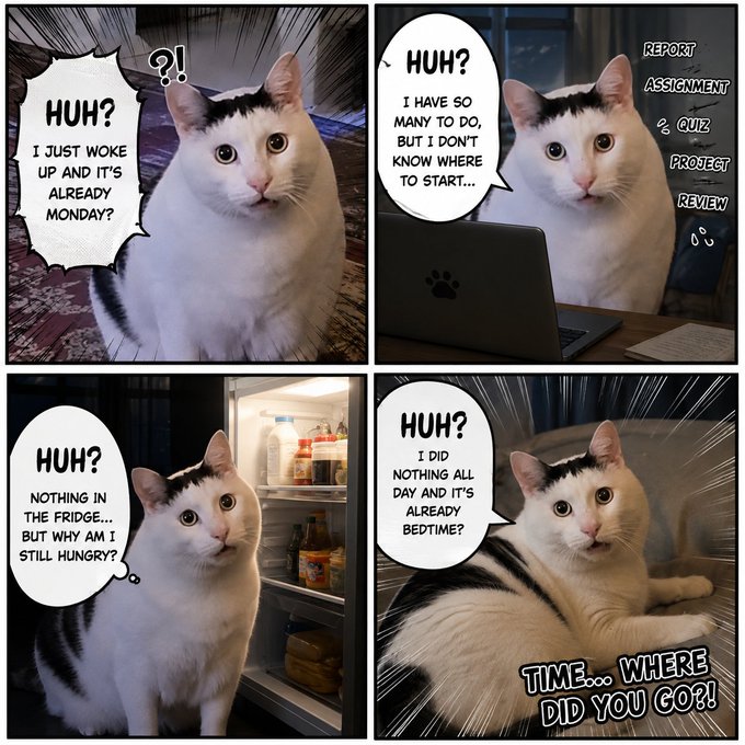 A four-panel comic featuring a confused white and black cat saying 'HUH?' in each panel, expressing dismay at how quickly Monday arrived, being overwhelmed by tasks (Report, Assignment, Quiz, Project, Review), being hungry despite an empty fridge, and wondering where the day went.