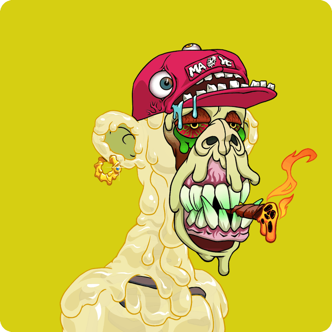 A cartoon illustration of a grotesque character with a melting face, bulging eyes, wearing a pink cap with teeth, smoking a flaming cigar on a yellow background.