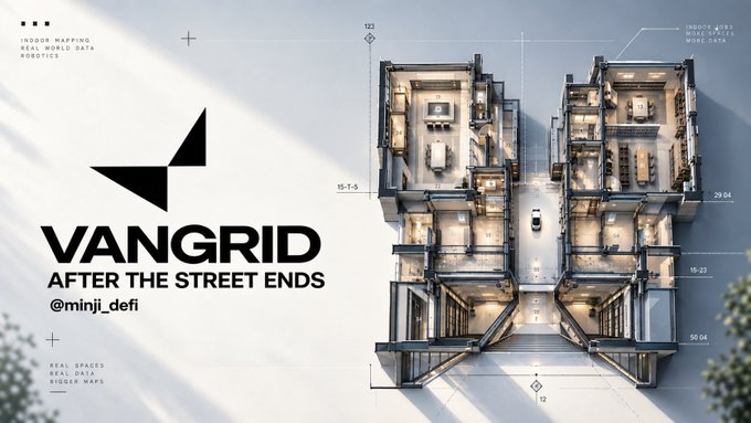 A promotional graphic for "VANGRID - AFTER THE STREET ENDS" by @minji_defi showcases an isometric architectural visualization of a two-wing building complex, annotated with measurements like "39.04," "15.23," and "59.04," highlighting indoor mapping capabilities that capture spaces where street-level data ends. The image complements the post's focus on Vangrid's expansion into indoor mapping, illustrating detailed floor plans of features like undercrofts, meeting rooms, and lobbies that can be captured beyond traditional street views.