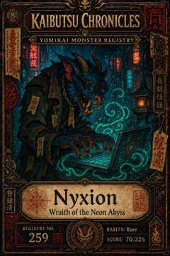 An illustrated card titled 'KAIBUTSU CHRONICLES YOMIKAI MONSTER REGISTRY' featuring a blue rat-like creature in robes typing on a laptop, identified as 'Nyxion, Wraith of the Neon Abyss' with a registry number of 259 and a rarity score of 70.22%.