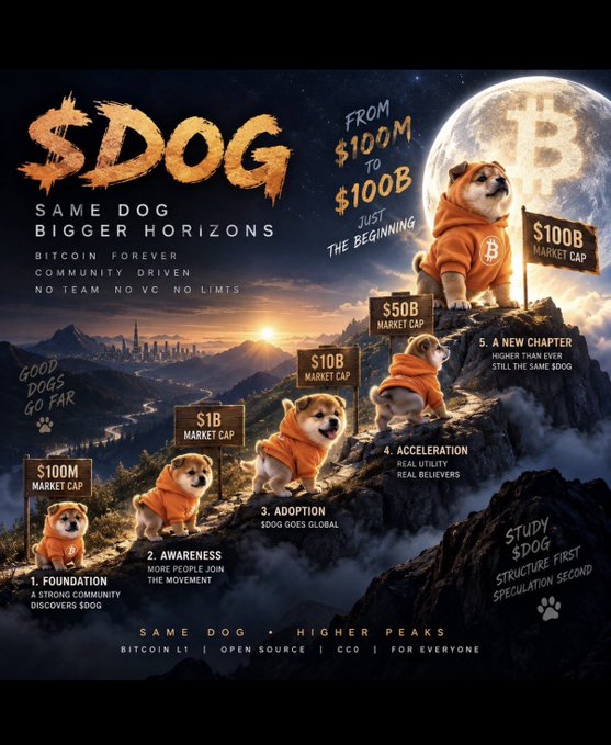 A promotional graphic for '$DOG' cryptocurrency showing a Shiba Inu dog in an orange hoodie climbing a mountain with milestone signs indicating market caps from $100M to $100B.