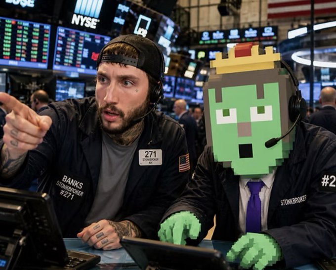 A stock exchange floor scene shows a bearded trader with 'BANKS #271 STONKBRØKER' on his jacket, sitting beside another person whose face has been replaced with a green pixelated cat wearing a crown.