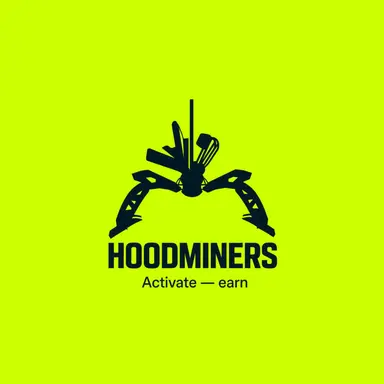 A logo for "HOOMINERS" on a bright green background featuring a pickaxe and shovel graphic with the tagline "Activate — earn".