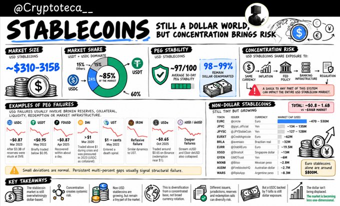 An infographic titled 'STABLECOINS STILL A DOLLAR WORLD, BUT CONCENTRATION BRINGS RISK' by @Cryptoteca_, detailing USDT and USDC dominance, peg stability, concentration risks, and examples of past peg failures.