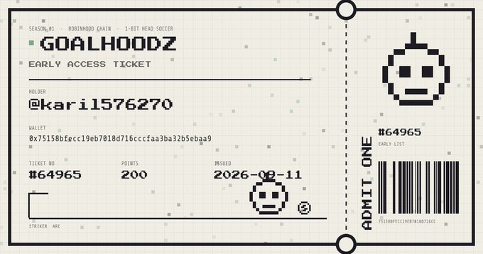 A digital ticket for "GOALHOODZ EARLY ACCESS TICKET" issued to holder @kari1576270, ticket number #64965, with 200 points, dated 2026-00-11.