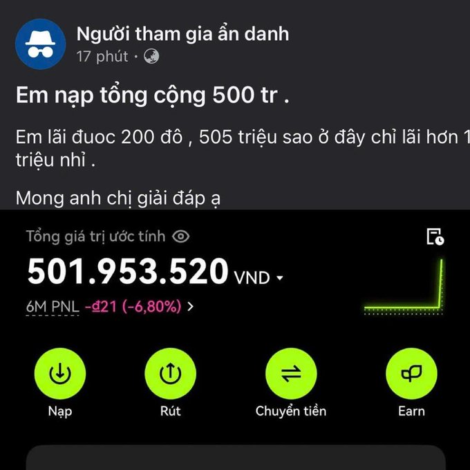 Screenshot of a Vietnamese financial app post by an anonymous user asking about depositing 500 million VND, showing a total estimated value of 501,953,520 VND.