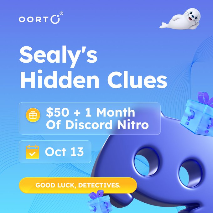 A promotional graphic for "OORTC" announces a giveaway titled "Sealy's Hidden Clues," offering "$50 + 1 Month Of Discord Nitro" with a deadline of "Oct 13." The blue-themed design features a 3D seal character alongside gift boxes, matching the post's invitation for detectives to find hidden clues and submit answers for a chance to win rewards.