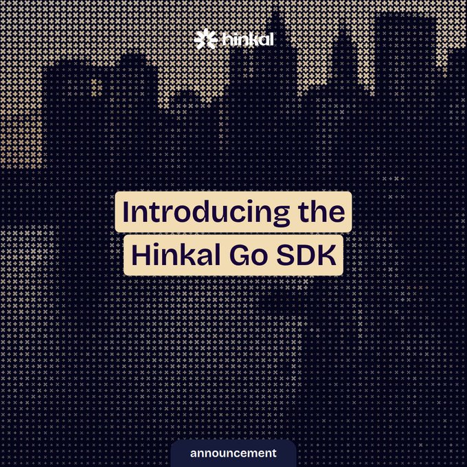 A dark pixelated graphic featuring a city skyline silhouette in gold tones, with the Hinkal logo at the top and the bold text "Introducing the Hinkal Go SDK" displayed prominently in the center, with an "announcement" label at the bottom—visually announcing Hinkal's new Go-based software development kit.