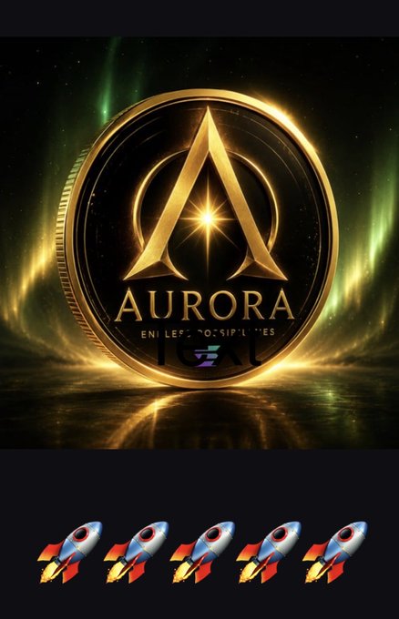 A promotional graphic featuring a golden coin labeled "AURORA" with a stylized "A" logo, set against an aurora background, with five rocket emojis below.
