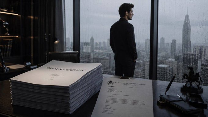The image shows an office scene with a man standing at his desk, looking out of a window overlooking a city skyline. There are several stacks of papers on the desk, including one titled "The SEC strikes. After two years of building, Telegram is forced to abandon its blockchain." The man appears to be reading or studying these documents while observing the city view outside.