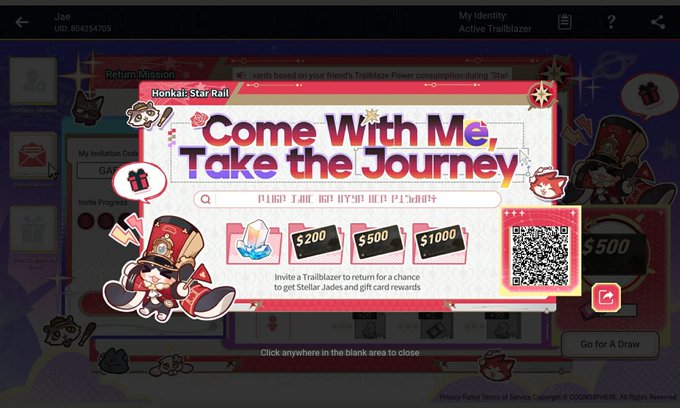 A promotional banner for Honkai: Star Rail featuring the text 'Come With Me, Take the Journey' and inviting players to invite a Trailblazer for a chance to get Stellar Jades and gift card rewards.