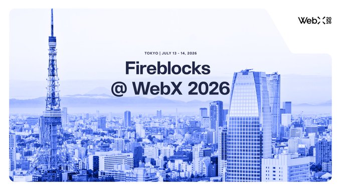 A blue-tinted promotional graphic for Fireblocks @ WebX 2026 features a Tokyo cityscape with Tokyo Tower and skyscrapers, displaying the event details "TOKYO | JULY 13-14, 2026" and the WebX 2026 logo in the corner, visually tying Fireblocks' platinum sponsorship to the upcoming conference.