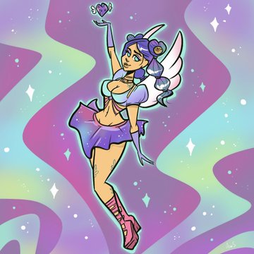 A colorful illustration of a fairy-like character with purple hair, white wings, and a purple outfit holding a heart against a swirling pastel rainbow background.