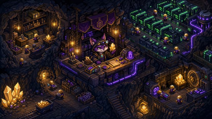 An isometric pixel art scene shows a bustling underground mine where a raccoon merchant stands behind a glowing counter in a central shop, surrounded by small farmer characters, crates of crystals, and stacks of servers emitting neon green and purple light. The image illustrates the "Miner Market" concept by depicting the in-game trading hub where SolFarmers players can browse and purchase mining rigs from other players.