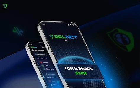 A promotional graphic for 'BELNET' dVPN service displayed on two smartphones, highlighting it as 'Fast & Secure dVPN' with a green logo.