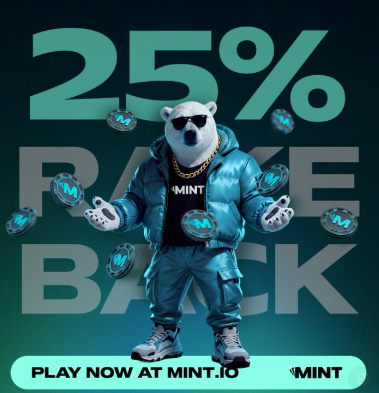 Promotional advertisement featuring an anthropomorphic polar bear wearing sunglasses, a blue puffer jacket, and a gold chain, with text reading '25% RAKE BACK' and 'PLAY NOW AT MINT.IO' alongside the MINT logo.