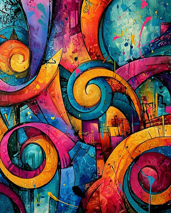 A vibrant, abstract painting filled with swirling spirals in bright colors like pink, orange, blue, and yellow, featuring splatters and dynamic curving shapes throughout.