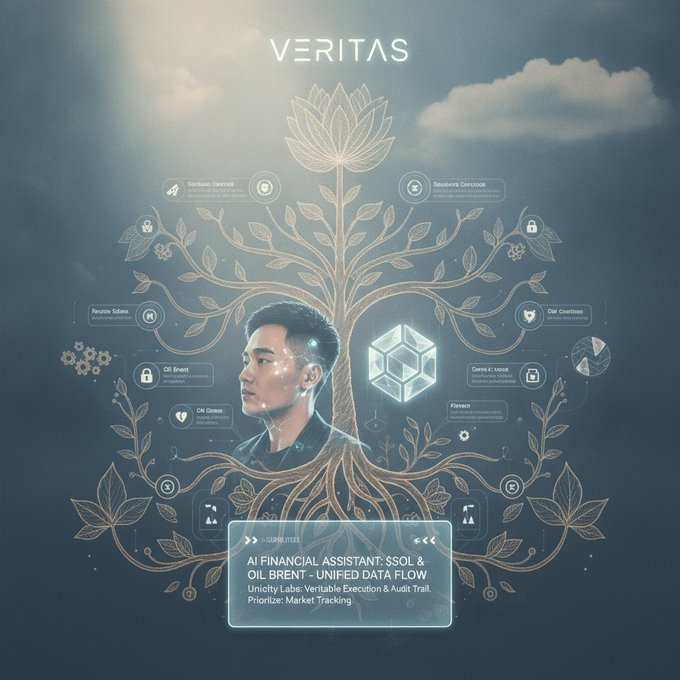 A futuristic AI-themed graphic titled 'VERITAS' showing a man in profile connected to a glowing tree network of icons representing features like Certificate Creation, Onboard, Civic Count, QR Smart, and QR Create, with a footer noting 'AI FINANCIAL ASSISTANT: $SOL & OIL BRENT - UNIFIED DATA FLOW' with the label 'Veritable Execution & Audit Trail'.
