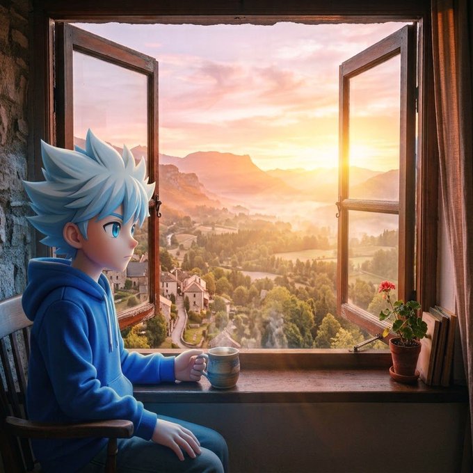 A spiky blue-haired anime-style character in a blue hoodie sits by an open window at sunrise, holding a steaming mug while overlooking a serene valley landscape with a potted geranium nearby—capturing a peaceful, hopeful "GM everyone" moment to start the day.