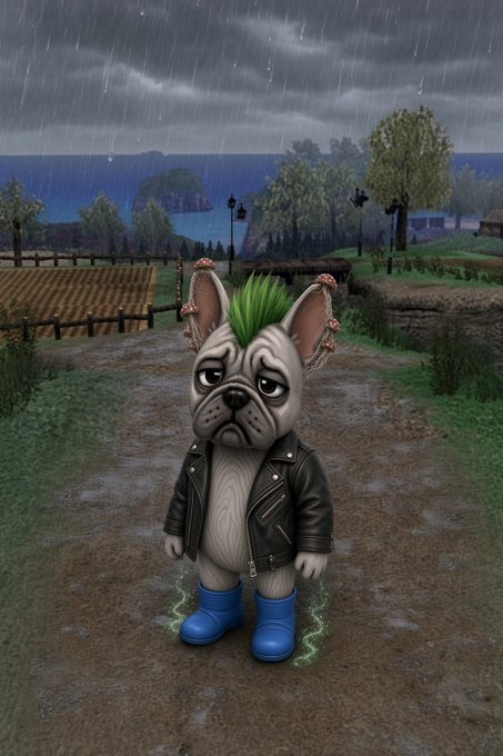 A 3D-rendered cartoon dog with a green punk-style mohawk, studded ears, and a black leather jacket stands on a muddy path in a rainy rural landscape, with the hashtag "#Benft" suggesting this avatar represents the Benft meme token.