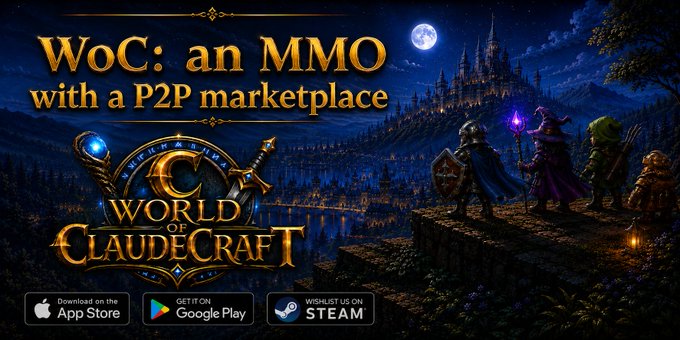 An advertisement banner for 'WoC: an MMO with a P2P marketplace' titled 'World of ClaudeCraft,' showing fantasy characters overlooking a castle at night, with App Store, Google Play, and Steam download links.