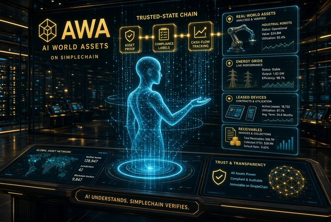 An infographic for 'AWA AI WORLD ASSETS ON SIMPLECHAIN' depicts a glowing digital human figure in a high-tech control room, surrounded by data panels showing 'TRUSTED-STATE CHAIN', 'INDUSTRIAL ROBOTS', 'ENERGY GRIDS', 'LEASED DEVICES', and 'RECEIVABLES' with various statistics.