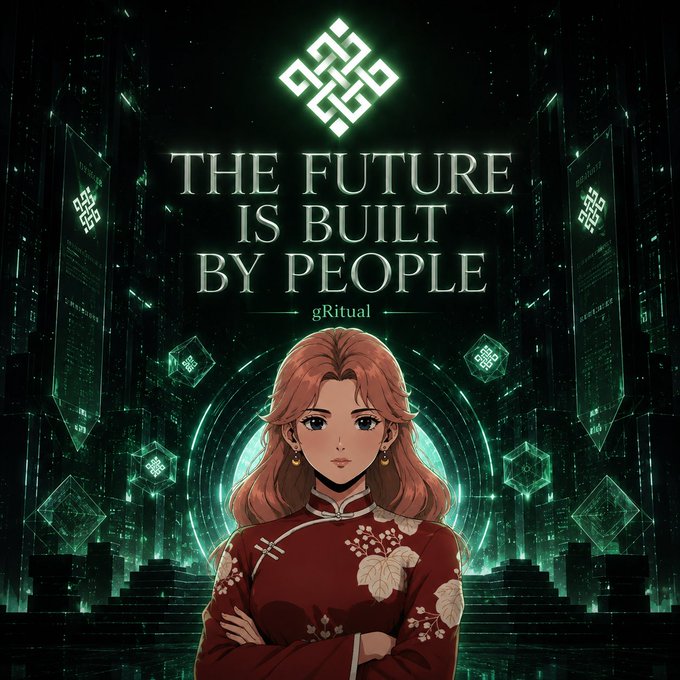 An anime-style illustration of a woman in a red floral traditional dress with the text 'THE FUTURE IS BUILT BY PEOPLE gRitual' against a futuristic green cityscape background.