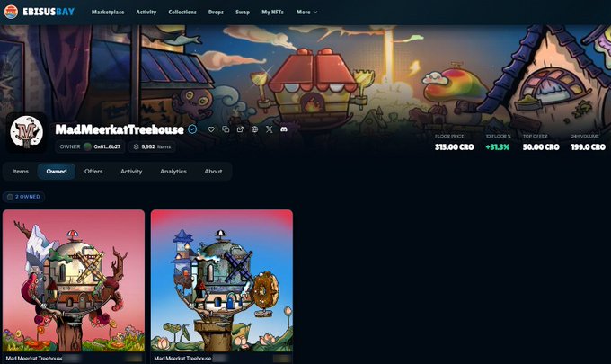 A screenshot of the EbisusBay NFT marketplace showing the 'MadMeerkatTreehouse' collection by DaFi_SL27, with a floor price of 315.00 CRO and 2 owned treehouse NFTs displayed.