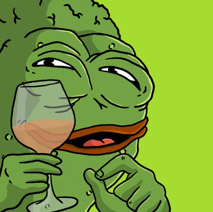 A cartoon illustration of the classic green Pepe the Frog smiling contentedly while holding a wine glass with an amber-colored drink against a bright green background.