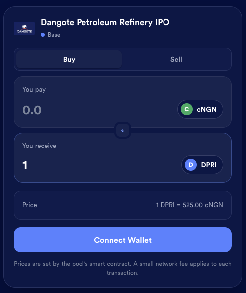 A screenshot of a trading interface on the Base network allowing users to buy shares in the Dangote Petroleum Refinery IPO (DPRI) using cNGN at a rate of 1 DPRI = 525.00 cNGN, with a "Connect Wallet" button to begin the transaction.