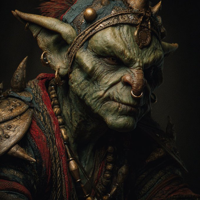 A detailed close-up portrait of a green-skinned goblin-like creature with pointed ears, wearing spiked armor, a nose ring, and ornate headwear against a dark background.