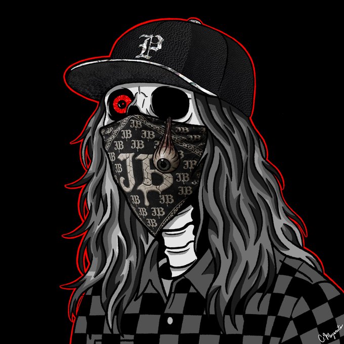 A dark digital illustration of a figure wearing a baseball cap with a 'P' logo, long grey hair, and a bandana mask patterned with 'JB' letters, revealing a skeletal face with a red glowing eye.