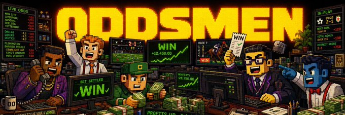A pixel art banner for 'ODDSMEN' featuring various characters celebrating with WIN signs, surrounded by trading screens showing market data and profits.