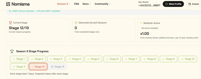 A Nomisma Season 3 dashboard shows a user at Stage 12/13 with a 1.00 multiplier, 0 Diamonds earned this season, and Stages 1-11 completed, illustrating their progression through the final stages of the ecosystem's rewards program.