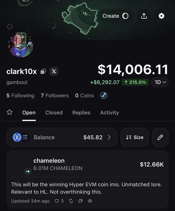 A profile page screenshot for 'clark10x' showing a balance of $14,006.11 with +215.0% growth, holding 6.01M CHAMELEON coins with the note 'This will be the winning Hyper EVM coin imo. Unmatched lore. Relevant to HL. Not overthinking this.'