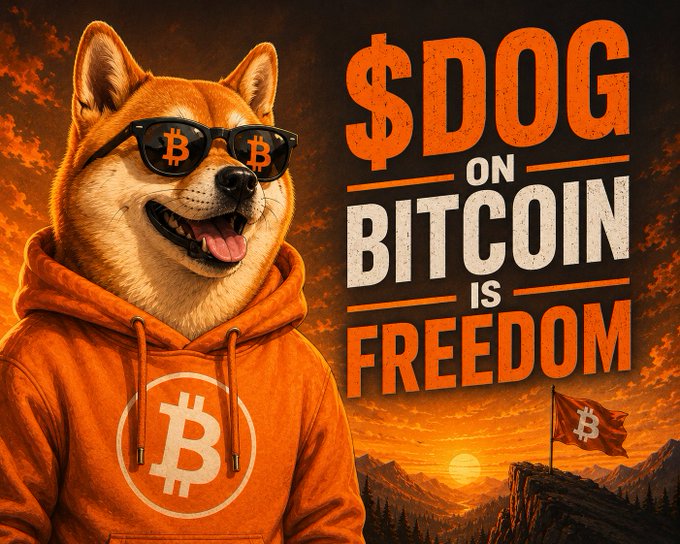 A Shiba Inu dog wearing Bitcoin-logo sunglasses and an orange hoodie stands beside bold text reading "$DOG ON BITCOIN IS FREEDOM," with a Bitcoin flag waving over a mountain sunset scene. The image visually reinforces the post's message by branding $DOG as a symbol of conviction-driven crypto freedom, pairing the iconic "Doge" mascot with Bitcoin iconography to evoke both community loyalty and broader financial sovereignty.