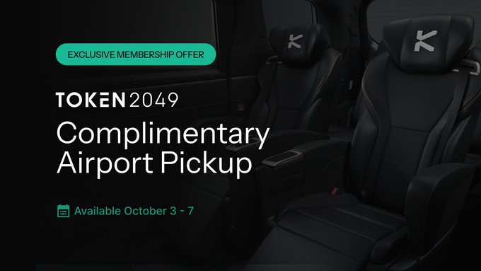 A promotional advertisement for 'TOKEN 2049' offering an 'EXCLUSIVE MEMBERSHIP OFFER' for 'Complimentary Airport Pickup' available October 3-7, featuring dark car interior seats with a logo.