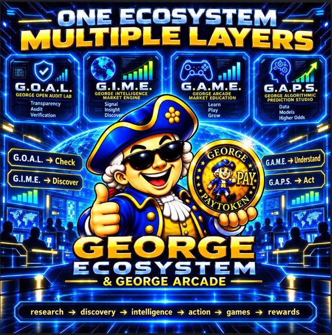 A promotional graphic titled 'ONE ECOSYSTEM MULTIPLE LAYERS' advertises the 'GEORGE ECOSYSTEM & GEORGE ARCADE' featuring a cartoon mascot in a blue hat and sunglasses, alongside sections labeled G.O.A.L., G.I.M.E., G.A.M.E., and G.A.P.S.