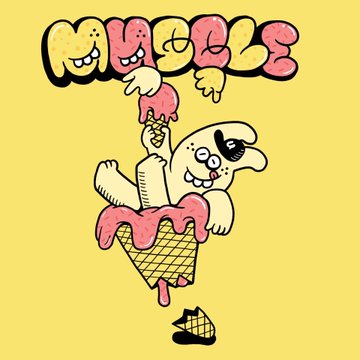 Cartoon illustration of a cute dog melting like ice cream from an upside-down cone, with stylized text 'MIGGLE' at the top on a yellow background.