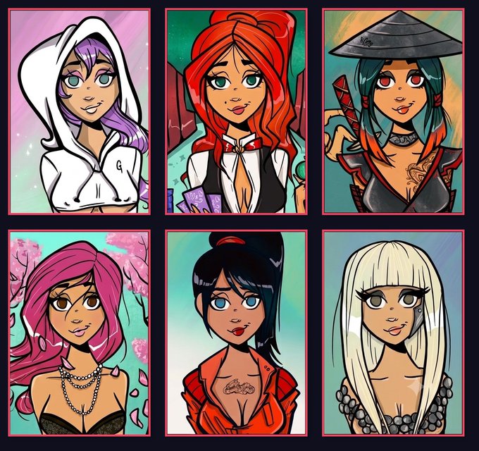 Six colorful, stylized portraits of fashionable female characters are arranged in a two-by-three grid, each with distinct hair colors, outfits, and accessories.