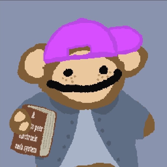 A pixel art drawing of a smiling brown teddy bear character wearing a purple cap and blue jacket, holding a brown book with white text.