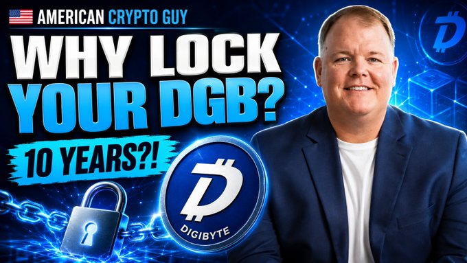 A YouTube thumbnail titled "WHY LOCK YOUR DGB? 10 YEARS?!" by "AMERICAN CRYPTO GUY" features a man in a suit next to the DigiByte (DGB) logo and a padlock graphic.