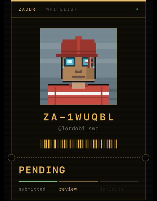 A digital whitelist application screen showing a pixel-art character avatar with a red helmet, cyan glowing eyes, and red striped shirt, with the ID 'ZA-1WUQBL' and username '@lordobi_swc', marked as 'PENDING' in the review stage.