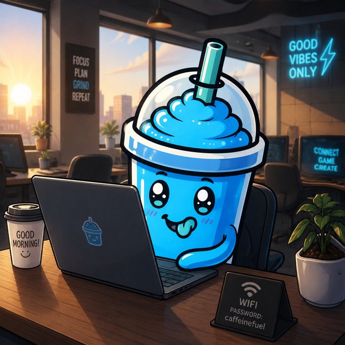 A cheerful blue slushie mascot with big anime-style eyes types happily at a laptop in a cozy café, accompanied by a "GOOD MORNING!" coffee cup and motivational signs reading "FOCUS PLAN GRIND REPEAT" and "GOOD VIBES ONLY." The WiFi password on the desk cheekily reads "caffeinefuel," perfectly matching the post's "GM" (Good Morning) request for an energetic start to the day.