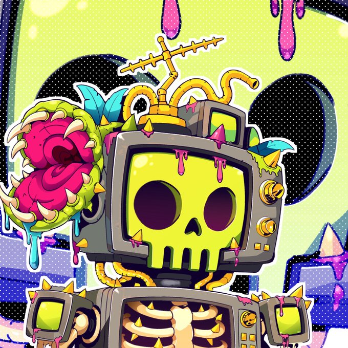A vibrant cartoon illustration of a TV-headed monster character with a skull face on its screen, featuring pink slime, spikes, and a monstrous maw emerging from its side against a colorful dotted background.