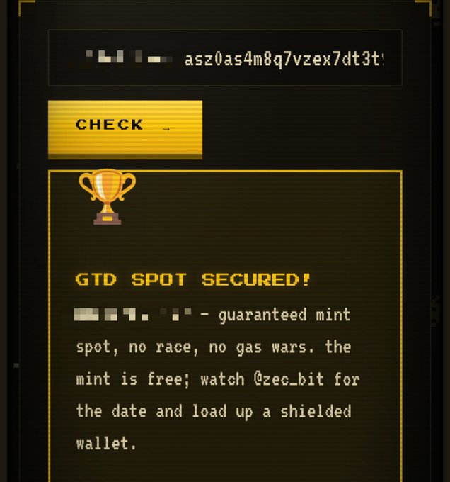 A retro-styled digital screen with gold/yellow text on a dark background, displaying a partially redacted address, a 'CHECK' button, a trophy icon, and the message 'GTD SPOT SECURED!' with details about a free guaranteed mint.