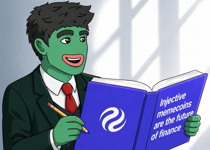 An illustration of a Pepe-style green frog character in a suit reading a blue book titled 'Injective memecoins are the future of finance' with the Injective logo.