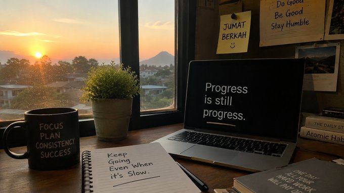 A desk by a window at sunset features a laptop displaying 'Progress is still progress.', a 'FOCUS PLAN CONSISTENCY SUCCESS' mug, a notebook reading 'Keep Going Even When It's Slow', and sticky notes with motivational text.