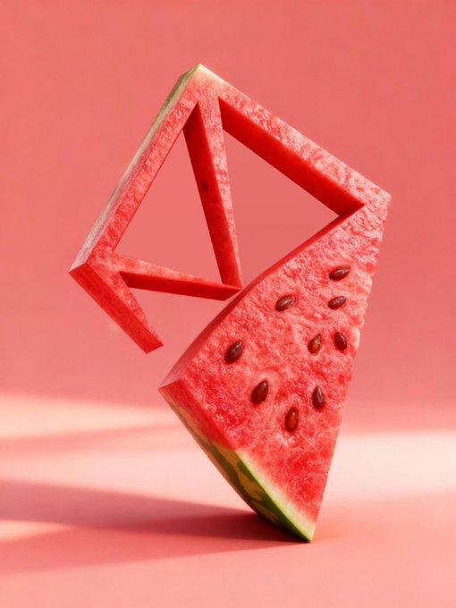 A 3D-rendered slice of watermelon is sculpted into a hollow geometric triangular spiral shape, displayed against a soft pink background.